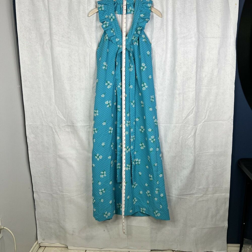 1970’s Women's Vintage Aqua/White Polka Dots White Flowers Halter Maxi Dress
